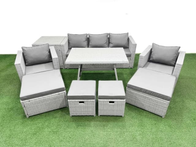 Fimous 9 Pieces Outdoor PE Rattan Sofa Armchair Set with Side Table 4 Stools in Light Grey Light Grey Unisex