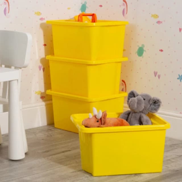 Wham Stack & Store 4X 30L Plastic Storage Boxes. Ideal For Toys, Classrooms & Playrooms. Integrated Handles. Yellow