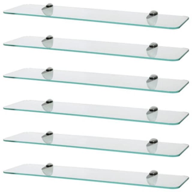 Harbour Housewares 6X Rounded Floating Glass Shelves - 60Cm - Silver Brackets - Bathroom Shower Storage Vanity Display Unit Shelf