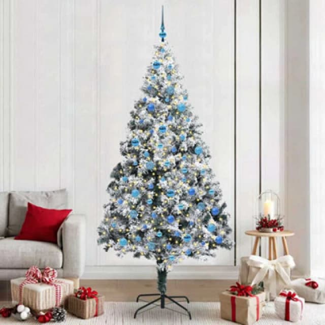 vidaXL Artificial Christmas Tree with 300 LEDs with Stand, Blue Balls Snow Flocked Green 240 cm, Green 3396987
