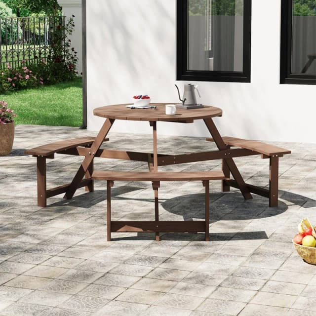 Breeins Camping 6-Person Round Wood Picnic Table and Bench Set Brown unisex One size