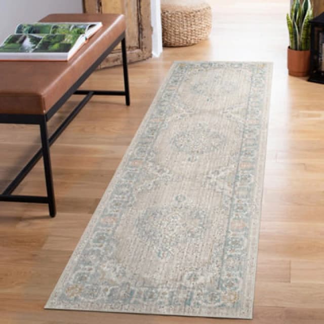 Maia Washable Low Pile Non Slip Orchid Traditional Area Rug - Beige, 60 X 220 Cm (Runner)