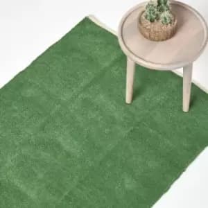 Dark Olive 100% Cotton Plain Chenille Rug with Natural Trim, 110 x 170cm - Green - Homescapes