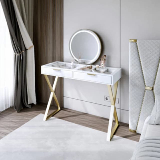 CARME Home Jess White/gold Dressing Table With Maisie Touch Sensor LED Mirror