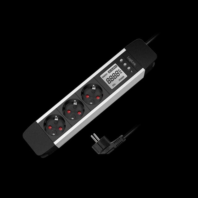 LogiLink Outlet Strip. 3 safety sockets. w/ power meter. aluminum