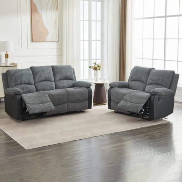 Electric Reclining Sofa Set, Corduroy Fabric Recliner Sectional Sofa Suite - 2+3 Sofa Set