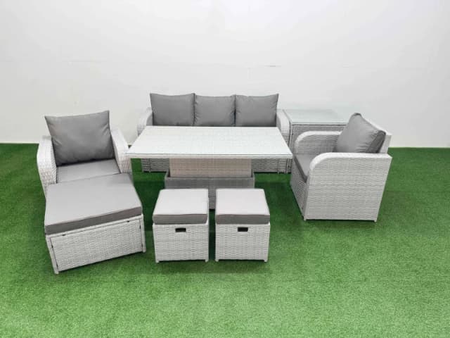 Fimous PE Rattan Garden Furniture Set Reclining Chair Sofa Lounge Sofa Set Adjustable Lifting Dining or Coffee Table Side Table 3 Stools Light Grey Li
