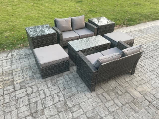 Fimous High Back Rattan Garden Furniture Sofa Sets with Rectangular Coffee Table 2 Side Tables 2 Big Footstool Dark Grey Mixed Dark Grey Unisex