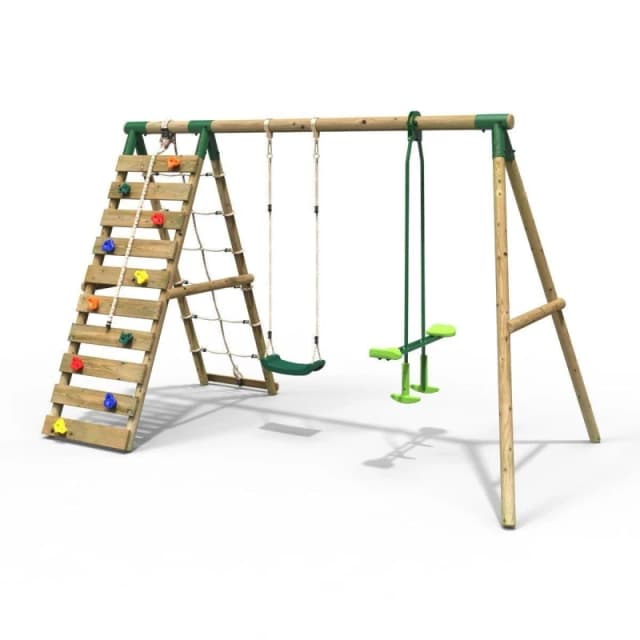 Rebo Wooden Double Swing Set with Glider and Up and Over Climbing Wall - Isla Green Green