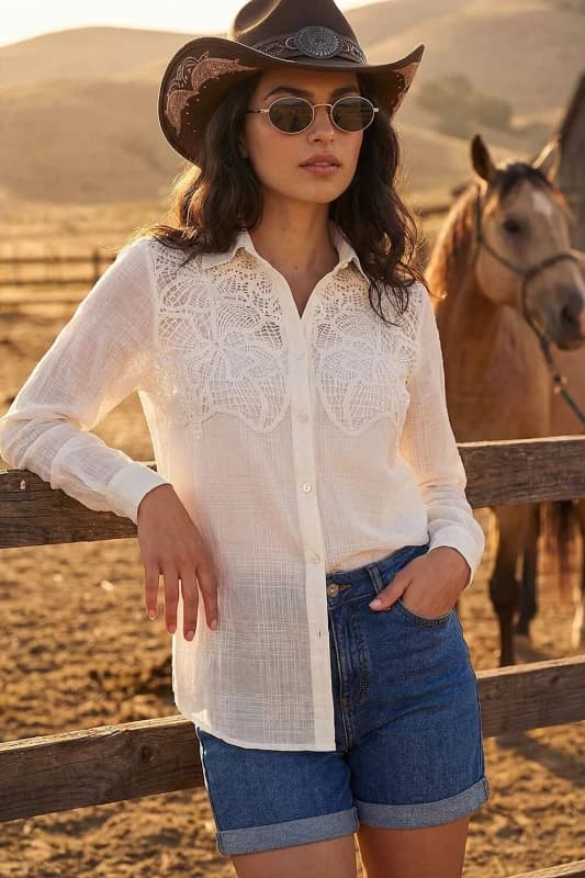 Dusk Womens Lace Trim Button Shirt in White Size: Small White Female S
