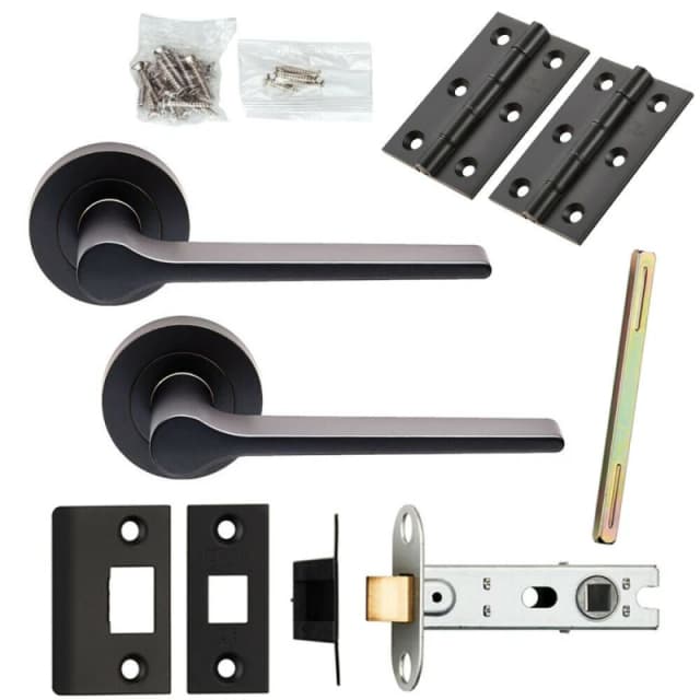 Loops Door Handle & Latch Pack Matt Black Straight Rounded Bar Screwless Round Rose Black