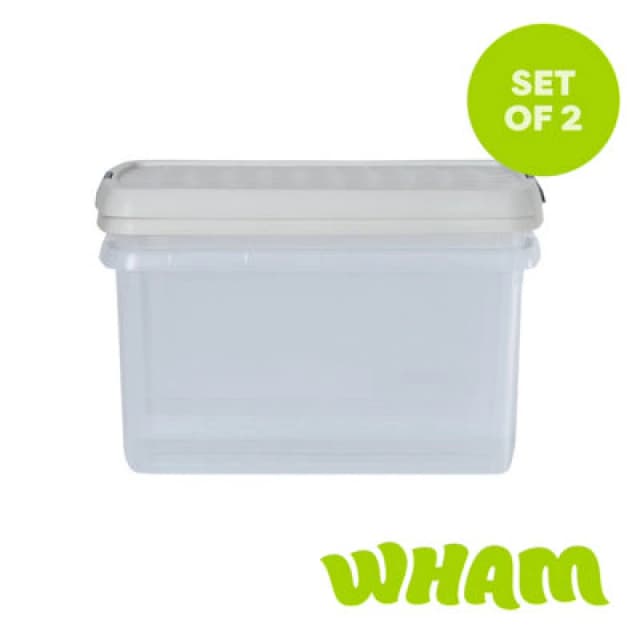 Wham Clip 2X 14L Rectangular Plastic Storage Boxes With Clip Lock Lids. Ideal For Home, Office, Toys & More - Clear/stone