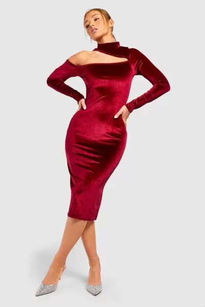 Velvet Asymmetric Neck Midi Dress
