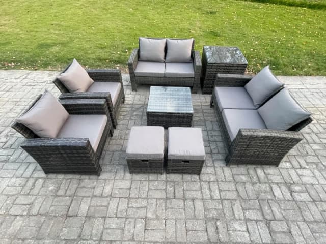 Fimous Rattan Garden Furniture Set 8 Seater Patio Outdoor Lounge Sofa Set with Square Coffee Table Double Seat Sofa Side Table in Dark Grey Dark Grey