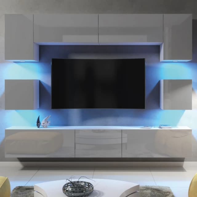Mex Furniture LTD TV Wall Unit with LED Lighting & Gloss Doors / 242cm in Grey Grey Unisex