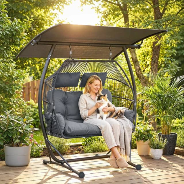 OUTSUNNY Double Hanging Egg Chair with Canopy, Egg Swing Chair, Dark Grey Dark Grey Unisex