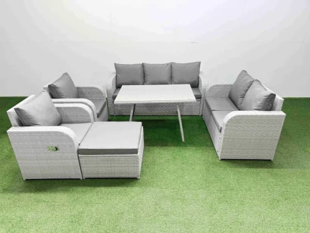Fimous Outdoor Rectangular Table Sofa Set with Reclining Chair Big Stool in Light Grey Light Grey Unisex
