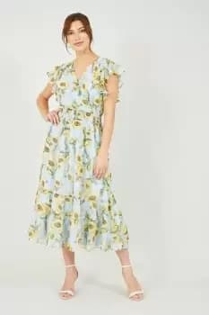 Blue Sunflower Print Midi Dress