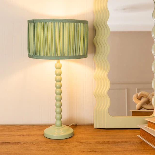 ValueLights Bobbins Sage Green Table Lamp with Ruched Pleated Drum Lamp Shade Pale Green