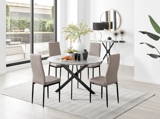 FurnitureboxUK FurnitureboxUK Novara Grey Concrete Effect Black Leg 120cm Round Dining Table & 4 Milan Black Leg Chairs in Beige Beige One Size Unisex
