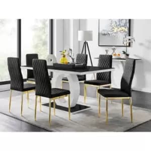 Furniture Box Giovani 6 Black Dining Table and 6 Black Velvet Milan Gold Leg Chairs