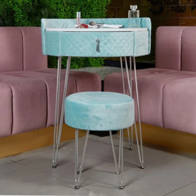 CARME HOME French Riviera Baby Blue Velvet Dressing Table with Velvet Stool Baby Blue