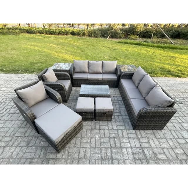 Fimous Rattan Outdoor Garden Furniture Sofa Set Patio Table & Chairs Set with 3 Seater Sofa Reclining Chair 3 Footstools 3 Seater Sofa 2 Side Tables D