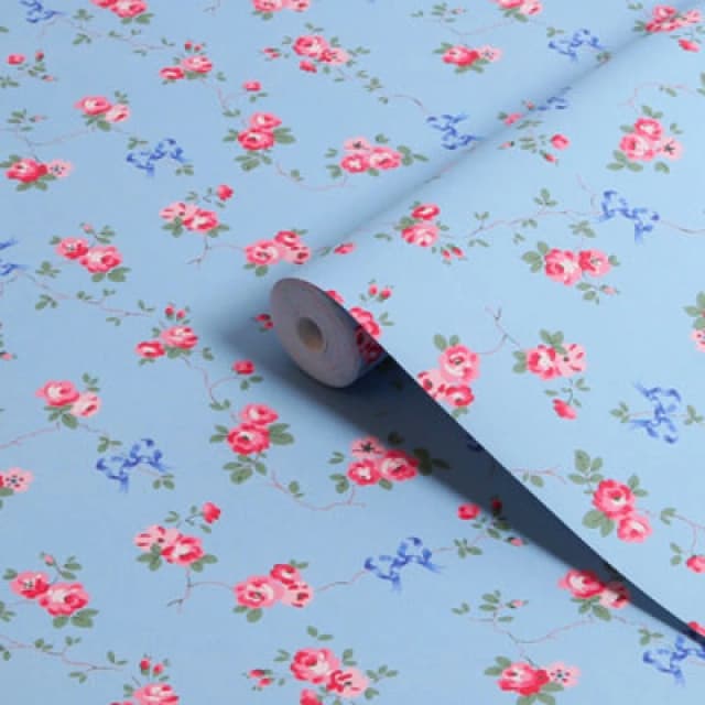 Cath Kidston Rose & Bows Blue Floral Wallpaper Wallpaper One Size Blue 71746418000