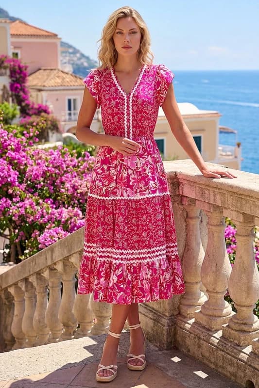 Roman Womens Floral Contrast Stitch Midi Dress in Pink Size: 10 Pink Female 10