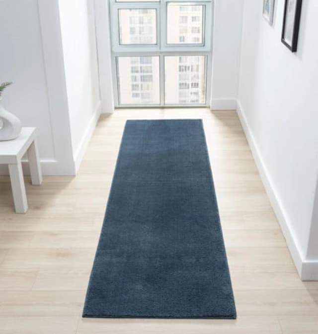 Comfy Washable Low Pile Living Room Area Rug - Anti Slip Felt Backing Navy 60Cm X 200Cm