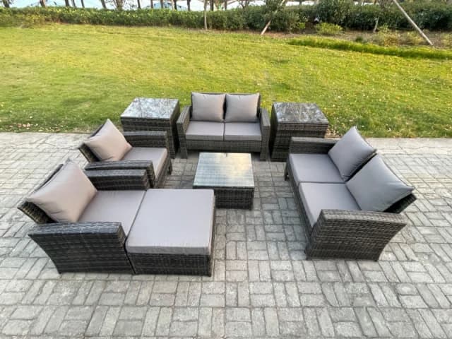Fimous Rattan Garden Furniture Set Patio Outdoor Lounge Sofa Set with Square Coffee Table Double Seat Sofa Side Tables in Dark Grey Dark Grey Unisex