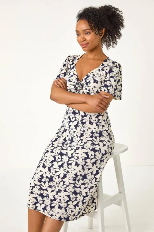 Roman Womens Petite Floral Ruched Stretch Midi Dress in Navy Size: 10 Navy Female 10