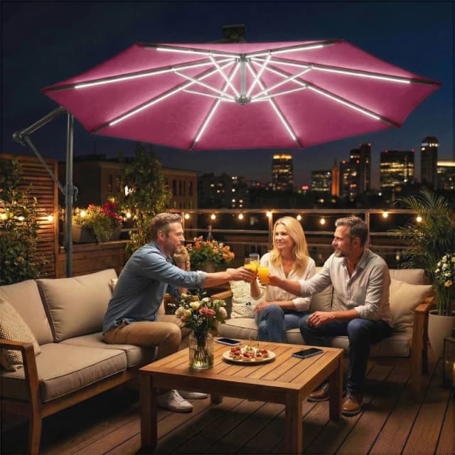 OUTSUNNY 3m Garden Cantilever Parasol with Solar Light, Rotation in Red Size: 3m x 3m Red Unisex 3m x 3m