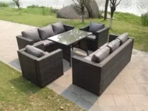 Fimous 8 Seater Outdoor Dark Grey Rattan Lounge Complete Sofa Set with Clear Tempered Glass Table