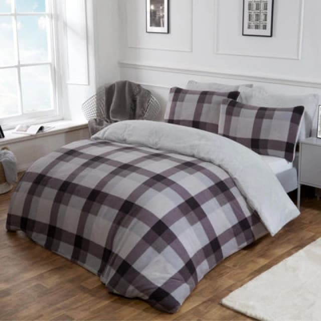 OHS OHS Check Teddy Duvet Cover with Pillowcase Set in Grey Size: Double Grey Double Unisex 5027434010264