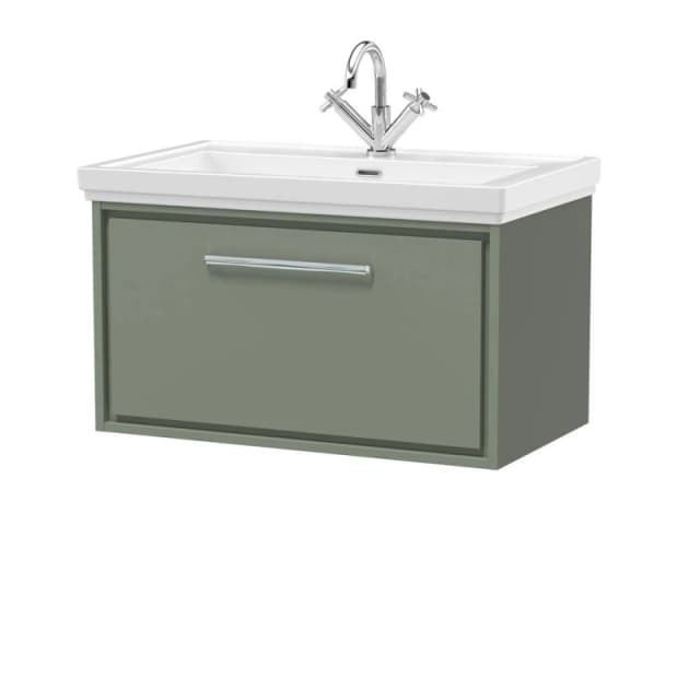 Balterley Modern Bathroom Wall Hung Single Drawer Vanity Unit With Fireclay Basin, Fern Green, 800mm