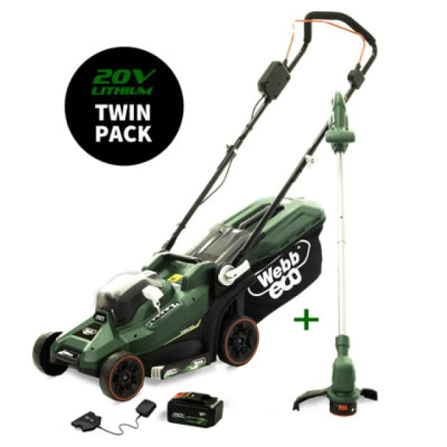 Webb 20v Cordless Lawnmower and Grass Trimmer Garden Power Tool Kit WEV20LM33LT25B4 Batteries: 1 x 4ah Li-ion