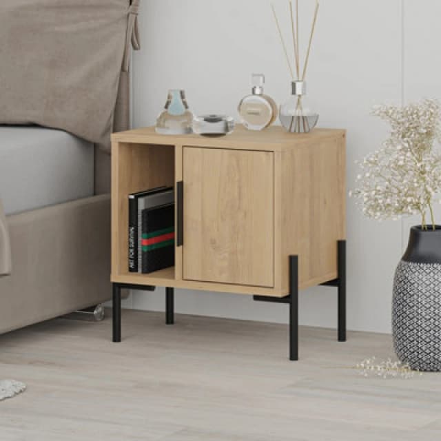 Decortie Modern Glynn Bedside Table Oak W/black Metal T Legs 48(D)Cm Nightstand 1-Door Storage Cabinet Metal Handle Bedroom Home