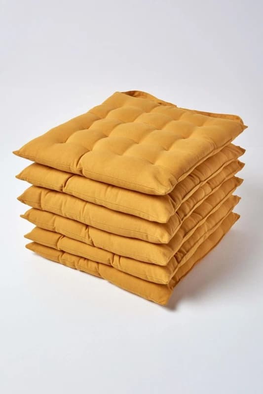 Homescapes 6 Pack Seat Pads Luxury 100% Cotton Indoor Outdoor Garden Cushion, 40cm in Mustard Size: 40cm x 40cm Mustard Unisex 40cm x 40 cm