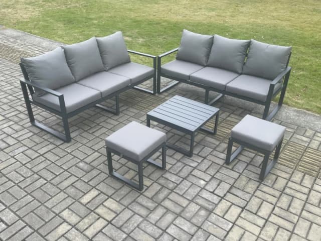 Fimous Aluminium 5 Pieces Garden Furniture Sofa Set with Cushions 8 Seater Outdoor Patio Set with Square Coffee Table 2 Small Footstools in Dark Grey
