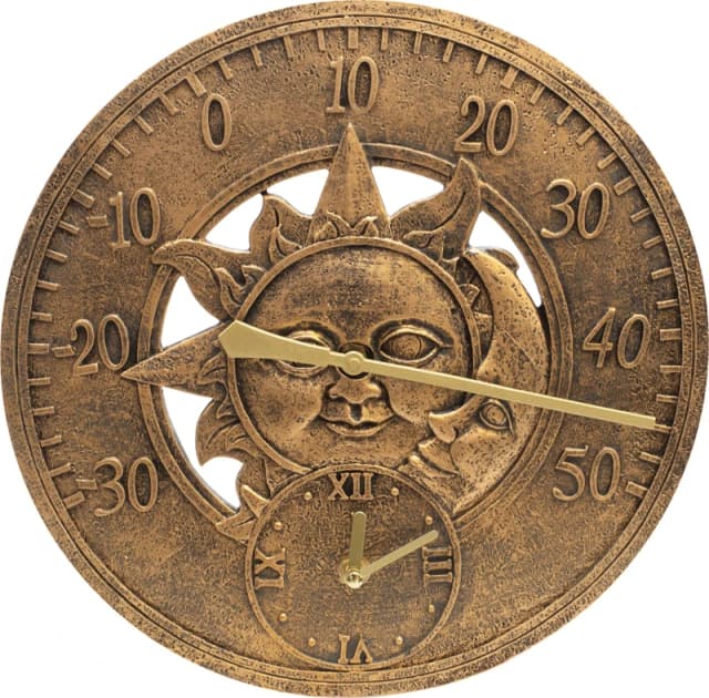 Vintage 12" / 30cm Sun and Moon Outdoor Garden Clock and Thermometer Wall Mounted Battery Powered - Copper ELV-785068 Wall Clock