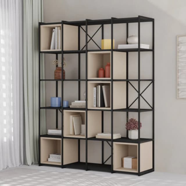 Decortie Maxi Bookcase Unit With Adjustable Shelves 139.5X179Cm Wall-mounted Particleboard, Metal, Black Wood, Sandstone, Multi 8683628017