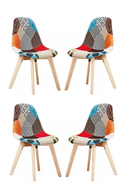 Life Interiors Set of 4 Patchwork Fabric Dining Chairs with Wooden Legs, Mid-Century Modern Accent Chair Multicolor Unisex
