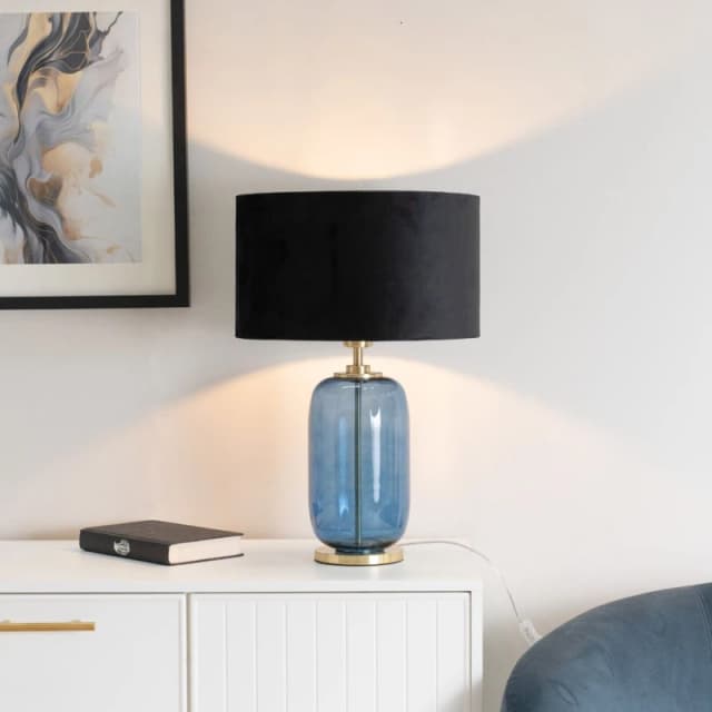 ValueLights ValueLights Leigh Velvet Drum Shade with Navy Blue Glass and Gold Trim Table Lamp with Bulb in Black One Size Unisex 5059406049705