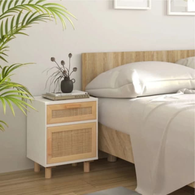 Vidaxl Bedside Cabinet White Solid Wood Pine And Natural Rattan, White 345606