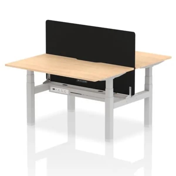 Air Air Back-to-Back 1400 x 800mm Height Adjustable 2 Person Bench Desk Maple Top with Scalloped Edge Silver Frame with Black Straight Screen HASSE2P