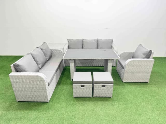 Fimous 9-seater Patio Rectangular Table Sofa Set with Side Table 2 Stools in Light Grey Light Grey Unisex
