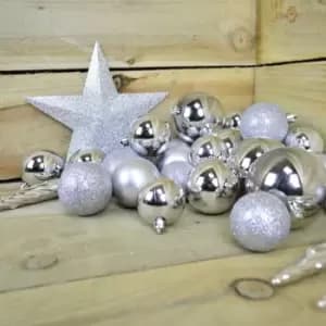 Shatter Proof Christmas Baubles in Silver box of 33 with Tree Topper Star