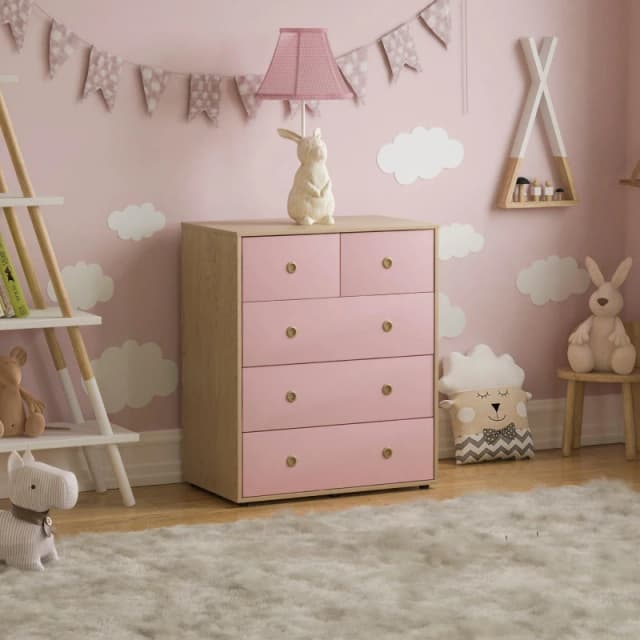Lassic Junior Vida Neptune 5 Drawer Chest Pink & Oak unisex 5 Drawer