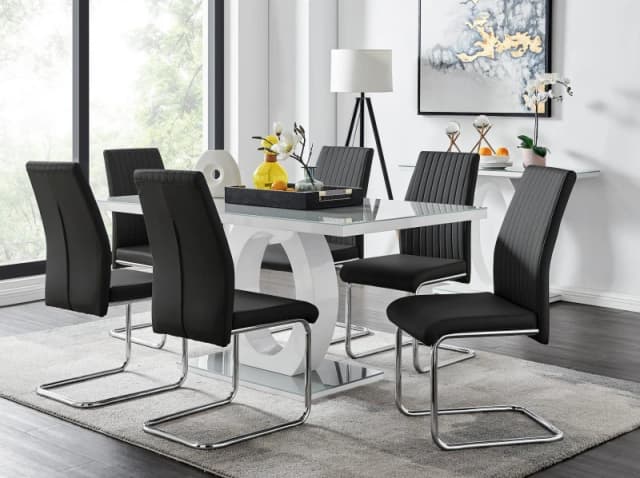 FurnitureboxUK FurnitureboxUK Giovani 6-Seater Grey Glass Dining Table and 6 Lorenzo Faux Leather Dining Chairs in Black One Size Unisex 5056542
